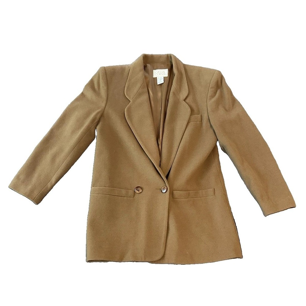 Vintage Wool Cashmere Blend Womens Brown Blazer 4 Tan Camel Longline 90s Office